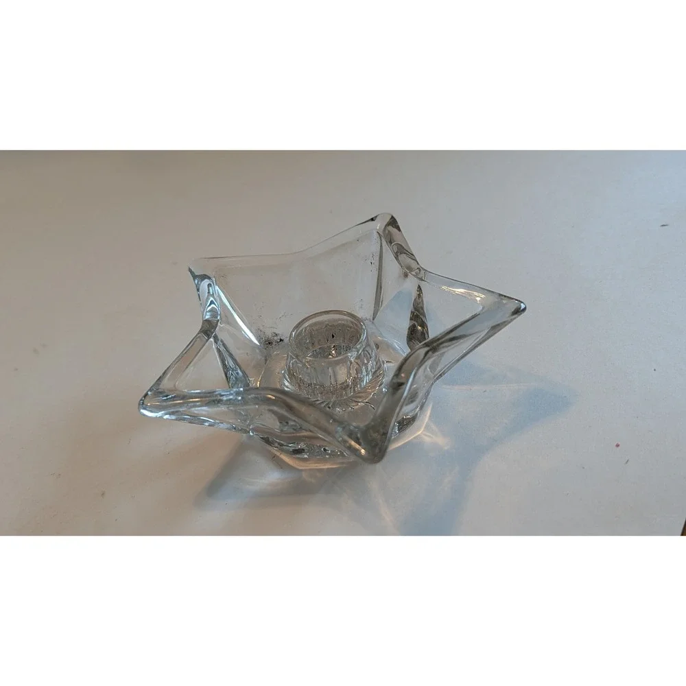 Vintage Clear Pressed Glass Star Taper Candle Holder Celestial Sunburst Base